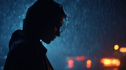 Woman stands in the rain looking down with dark blue lighting creating a moody atmosphere in an urban setting during nighttime