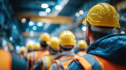 Industrial workers in safety vests and helmets gather at a train site for an important meeting about upcoming transport operations