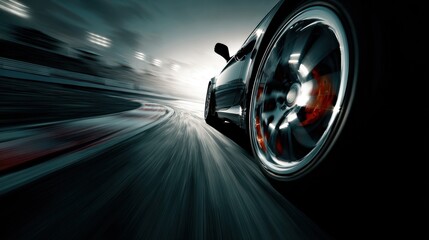 High-speed close-up of a sports car wheel on a racetrack during a thrilling race in bright evening light