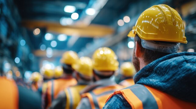 Industrial workers in safety vests and helmets gather at a train site for an important meeting about upcoming transport operations