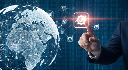 Global Business and Technology Solutions with Man Touching Interface Concept