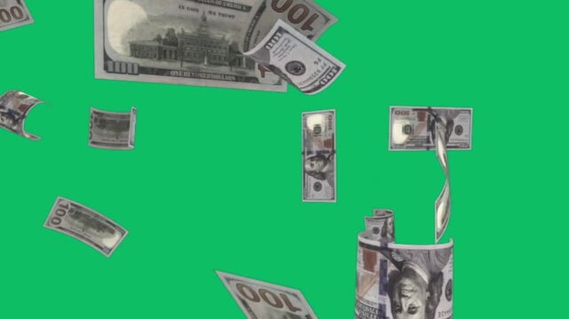 Money falling on green screen for financial success videos