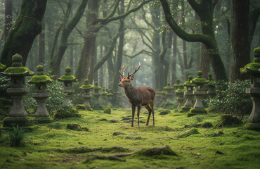 deer stands quietly between old stone lanterns