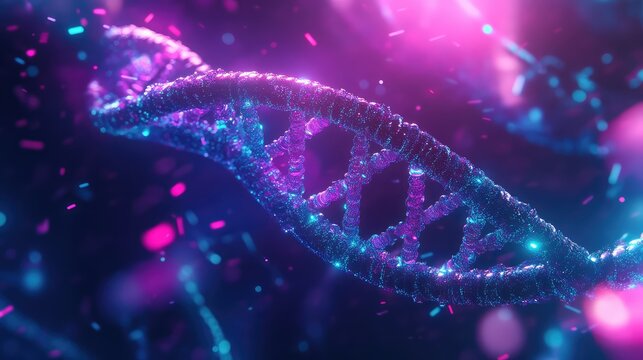 Dna helix glowing in futuristic pink and blue light