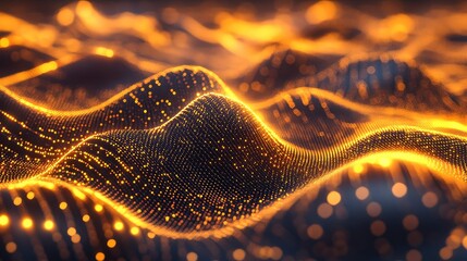 Abstract glowing particles forming wavy digital landscape