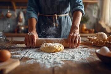 Woman skillfully rolls dough on a kitchen table, enjoying the art of cooking in a cozy, sunlit space filled with wooden decor and baking essentials