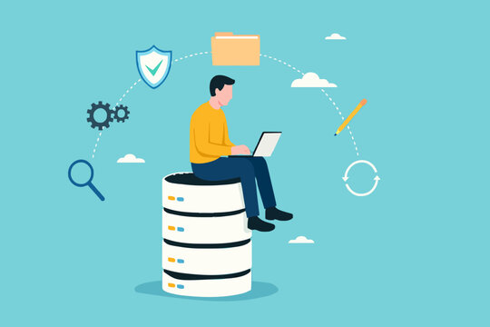 database system, cloud computing technology or file document archive, database administration concept, data network management, security or search, man work with laptop on database server