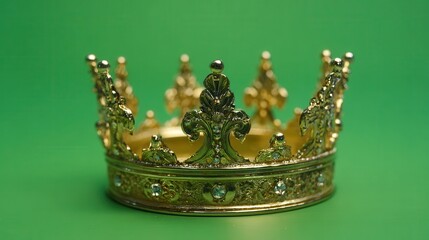 Golden crown spins gracefully on a vibrant green screen showcasing royal elegance in motion