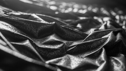A monochrome abstract texture resembling a crumpled metal surface.