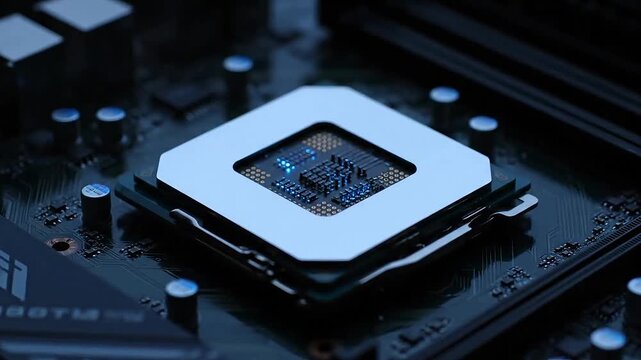 Close-up of a powerful computer processor on a circuit board, representing advanced technology and innovation.