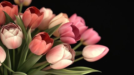 A vibrant bouquet of pink and red tulips against a black background.