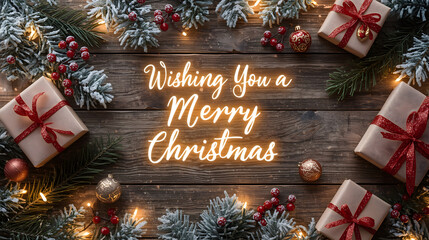 Christmas background image 2026 with rustic wood frame, evergreen boughs, red berries, string lights, scattered gifts, and glowing festive greeting text.
