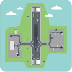Flat Style Detailed Airport Runway with Airplane Transportation Illustration