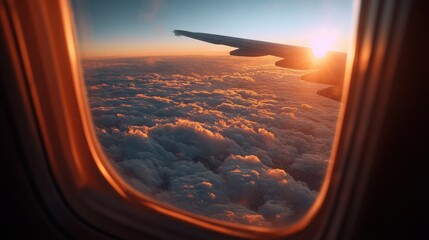 Amazing view from airplane window during flight at sunset with colorful clouds and soft sunlight illuminating the sky
