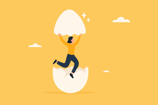 beginners businesswoman, beginner in starting a new business, newbie business woman comes out of a hatched egg concept vector illustration