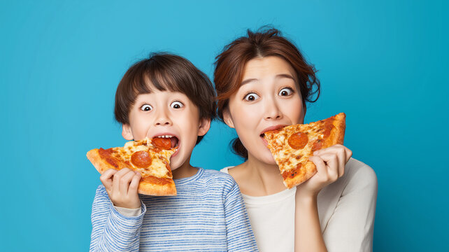 A parent and child share pizza slices while laughing, creating a warm family atmosphere full of joy Generative AI - Powered by Adobe