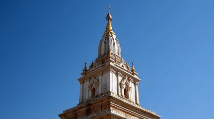Fototapeta premium A detailed view of an ancient ornate stupa with a golden spire against a clear blue sky