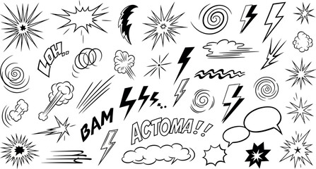 Vector Illustration of Dynamic Comic Book Action Elements Set: Explosions, Speech Bubbles, Sound Effects, and Speed Lines