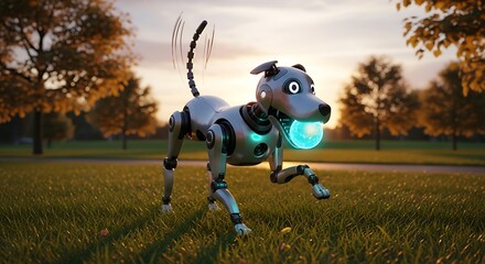 Futuristic robotic dog fetching glowing ball in an autumnal park setting