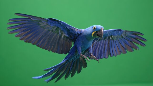 Hyacinth macaw flying gracefully in a wildlife studio setting featuring a green screen backdrop