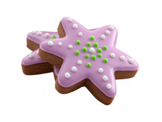 Star shaped cookie with purple icing, decorated with white and green dots, stacked on transparency background, festive and playful dessert for celebrations or parties