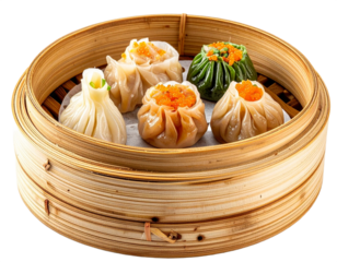 Dim sum in bamboo steamer isolated on white background, transparent PNG