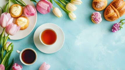 A table with a plate of cupcakes, a cup of tea, and a bouquet of tulips on a blue background.