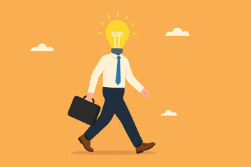 get new business idea or opportunity, intelligence or wisdom to drive career success, creativity or brilliant idea for business success, smart businessman jump with light bulb idea head illustration