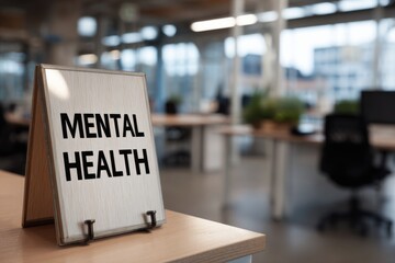 Mental health awareness sign displayed in a bright office environment to promote well-being among employees during work hours