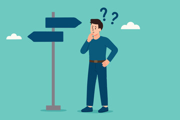 Illustration of a businessman who is confused about choosing his career direction, flat design choosing concept