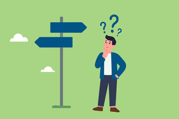 Illustration of a businessman who is confused about choosing his career direction, flat design choosing concept