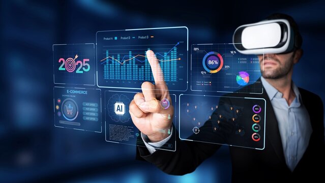 A businessman interacts with virtual reality technology to explore and analyze essential data trends visualized on futuristic screens in a digital workspace. Raster - Powered by Adobe