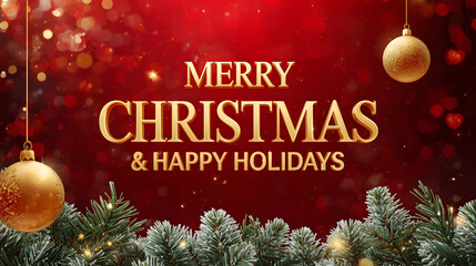 Christmas background image 2026 with vibrant red bokeh, evergreen border, gold baubles, sparkling lights, and bold holiday greeting text.

