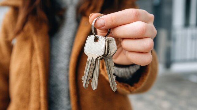 Woman proudly holds silver apartment keys in her hand while standing outdoors in a cozy neighborhood on a bright day - Powered by Adobe