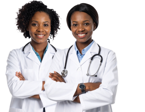 Two smiling black female doctors with arms crossed isolated on white background, transparent PNG