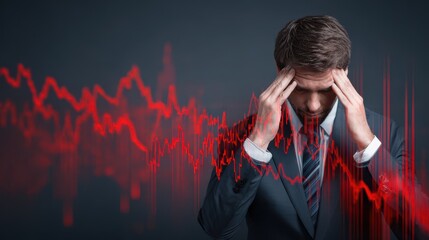 Stressed businessman in a suit holds his head in despair as red analytics fall dramatically during a tense meeting in a modern office setting