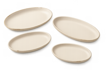 Beige ceramic oval plates set for food presentation, rustic tableware, empty kitchen dish collection