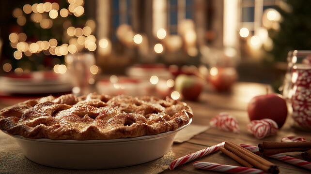 Delicious apple pie waits on a festive table adorned with cheerful treats and holiday lights Generative AI