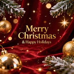 Christmas background image 2026 with opulent red velvet, gold ornaments, snow-dusted pine boughs, sparkling stars, and elegant holiday greeting text.