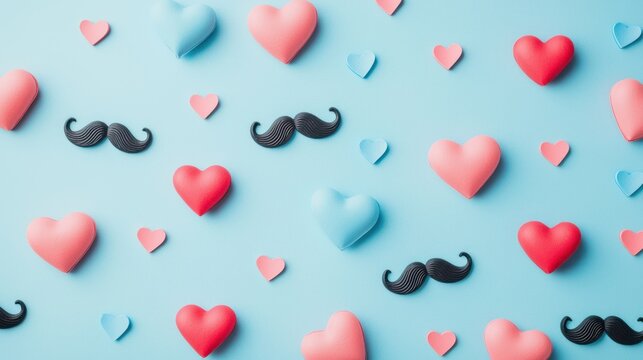 A pattern of pink and blue hearts and mustaches on a blue background.