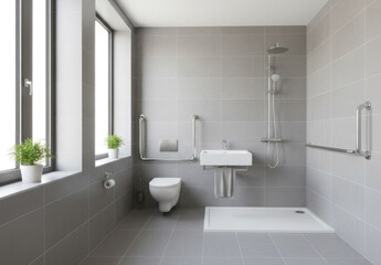 Contemporary accessible bathroom featuring safety grab bars, open shower, and modern design. Ideal for universal design and aging in place concepts.