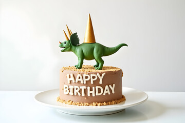 Obraz premium Happy Birthday Funny brown cake with cute green dinosaur topper