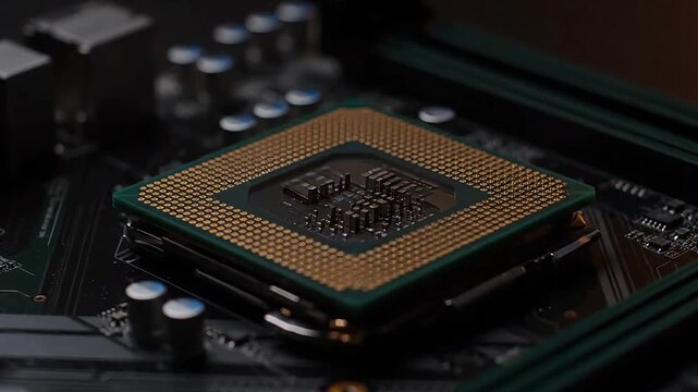 Close-up of a powerful computer processor chip installed on a motherboard, symbolizing technology and innovation.