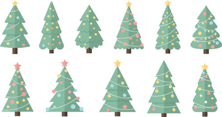 Collection of festive Christmas trees with decorations, symbolizing holiday spirit and winter celebration