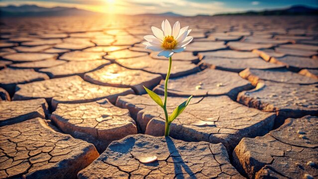 A resilient blossom bravely pushes through cracked earth, bathed in the warm glow of sunset, a symbol of perseverance and the enduring power of life amidst adversity.