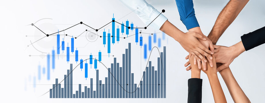 A dynamic representation of teamwork in a business setting, featuring hands together and financial graphs depicting growth, illustrating collaboration and strategic success. Scalp - Powered by Adobe