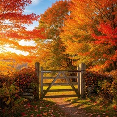Rustic wooden gate and sunlit autumn path with vibrant foliage