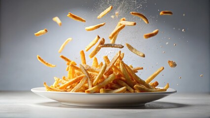 Golden French Fries in mid-air, falling into a pristine white bowl, seasoned with a delicate sprinkle of salt.