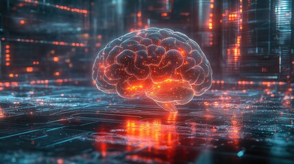 Human brain glowing with digital neural network connections