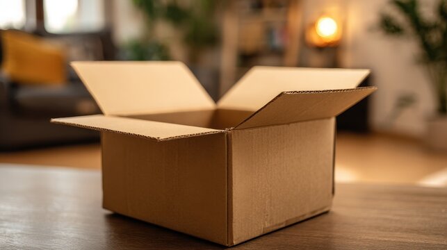 Sealed cardboard box ready for shipping and delivery on a wooden table in a cozy room with soft lighting - Powered by Adobe